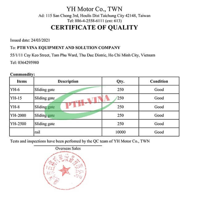 Giấy chứng nhận kiểm định nguồn gốc motor